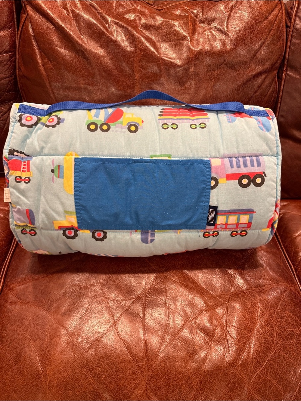 Kids Travel Nap Mat - Light Blue with Colorful Vehicle Print